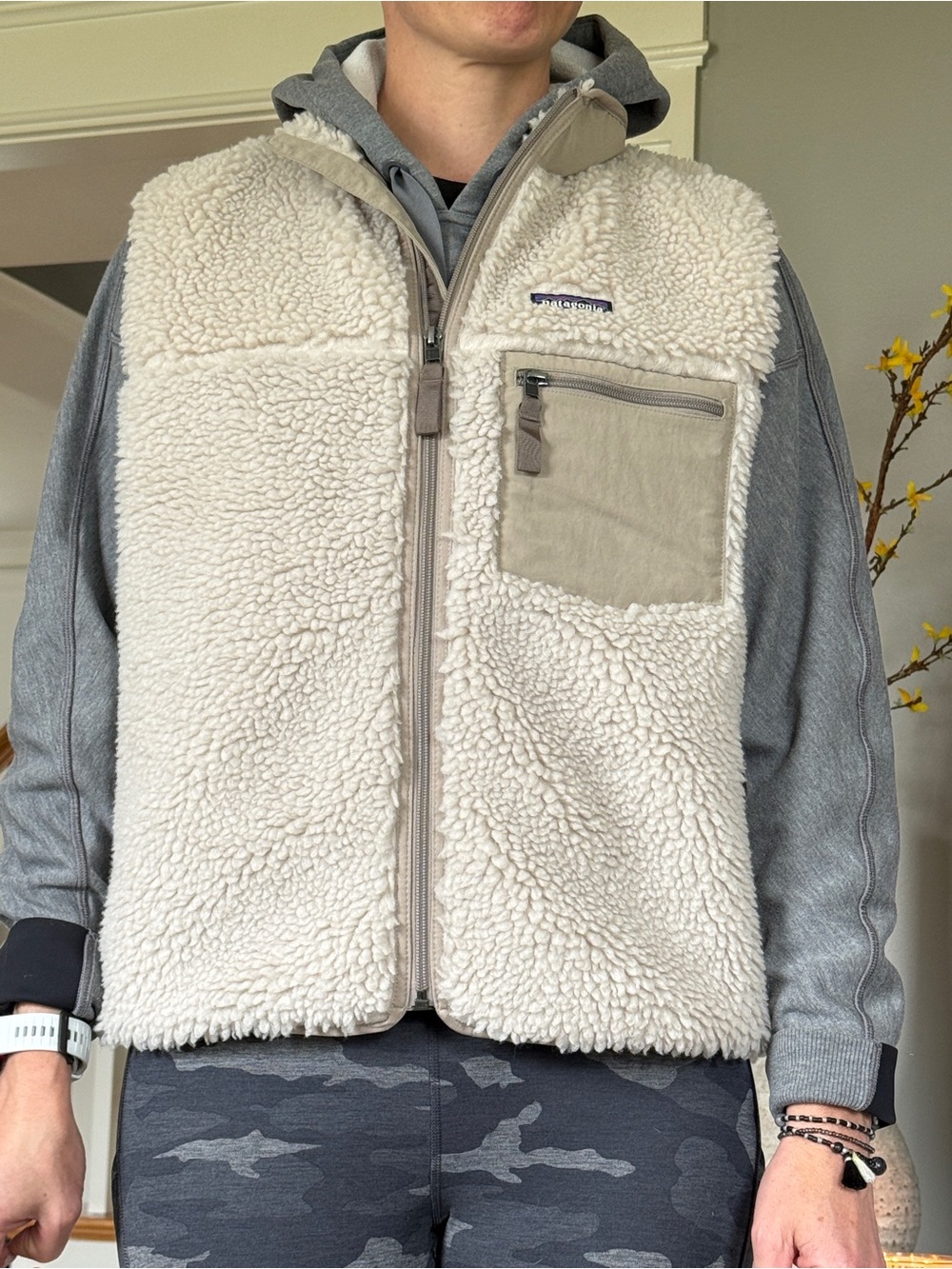 Patagonia Cream Sherpa Fleece Vest with Zip Chest Pocket Detail